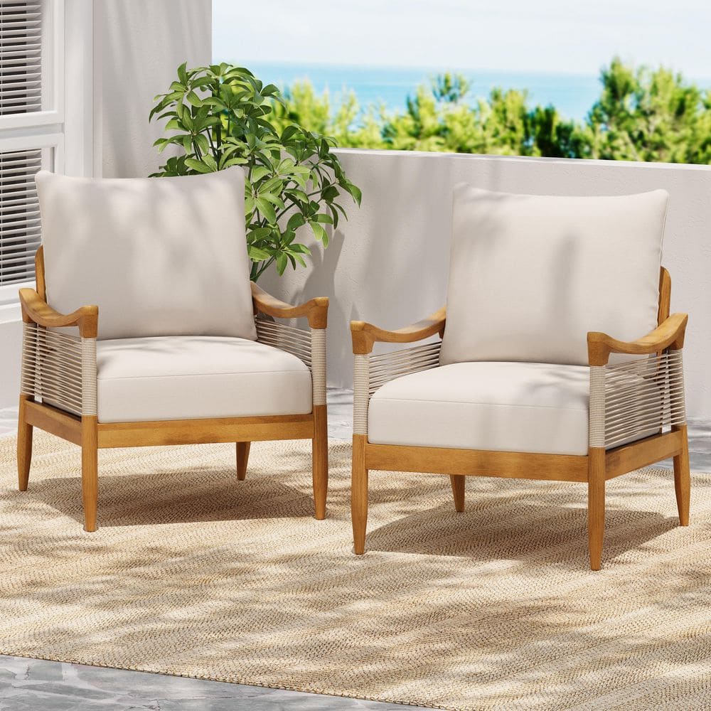 Poppy Solid Wood Outdoor Patio Cushioned Lounge Chair with Rope Weave, Teak + Beige, Set of 2
