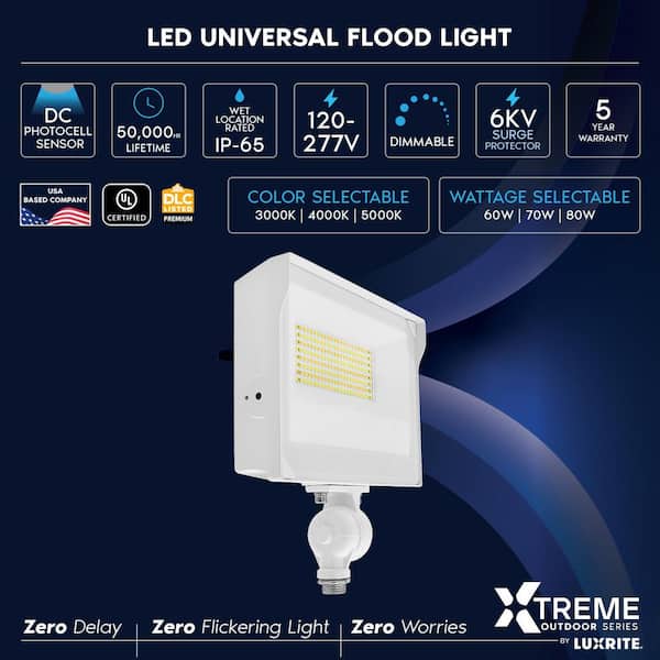 80-Watt Universal Integrated LED Flood Light, Adjustable Knuckle Mount, 3CCT, Up to 11680LM, Dimmable, Photocell Sensor