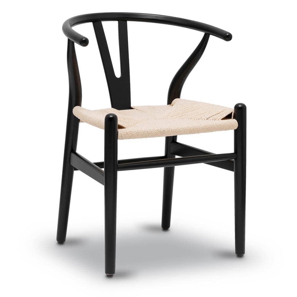 Black Wood Arm Chairs with Woven Seats, Set of 2