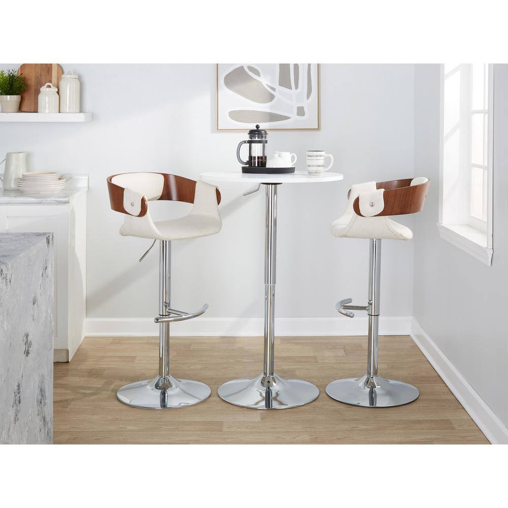 Elisa Adjustable Cream Fabric and Walnut Wood Swivel Barstools, Set of 2