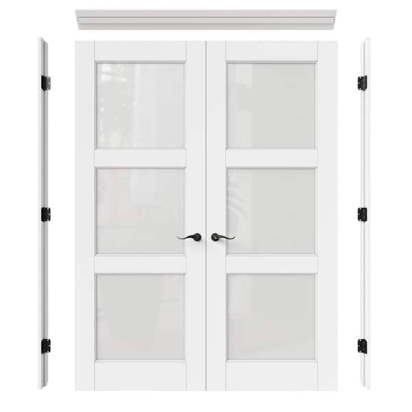 64 in. x 96 in. 3-Lite Frosted Glass White Solid Core Wood Finished MDF Prehung French Door with Quick Assemble Jamb Kit