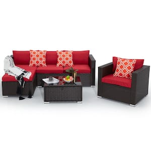 Cedar Island 4-Piece Wicker Patio Conversation Set with Red Cushions, 3 Orange Pillows