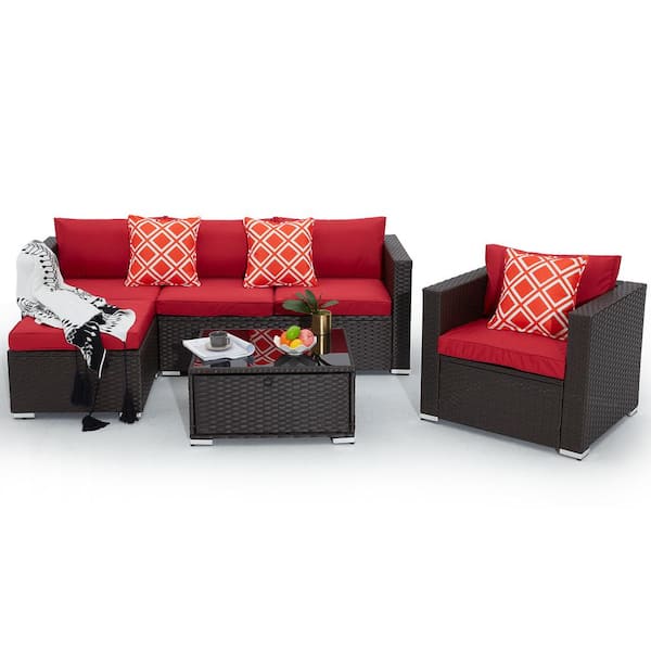 Miscool Crystal 4-Piece Wicker Patio Conversation Set with Wine Red Cushions, 3 Orange Pillows