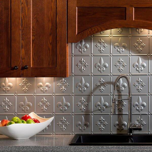 Fasade 18.25 in. x 24.25 in. Argent Silver Fleur de Lis PVC Decorative Tile Backsplash