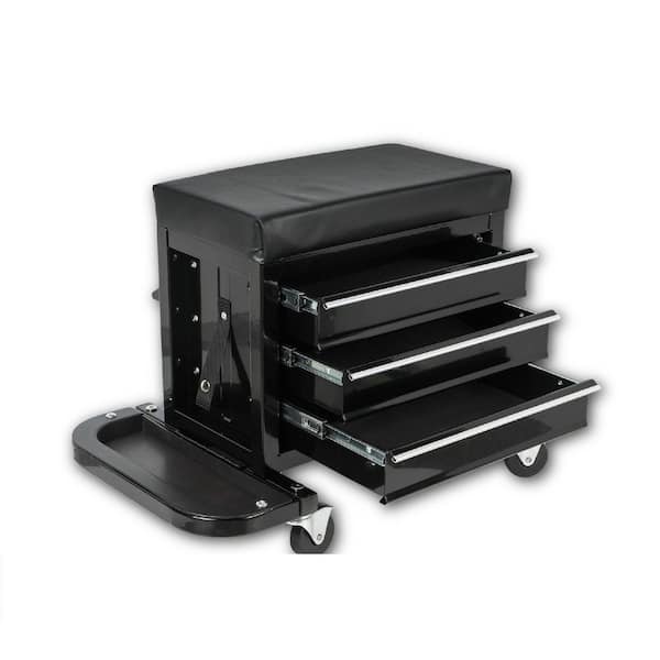 3-Drawer Tool Chest Rolling Mechanic Seat (26 in. W) with Tool Trays, 350 lbs. Max Weight Capacity, Black