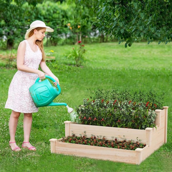 HONEY JOY Natural Fir Wood Rectangular Outdoor 3-tier Raised