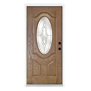 36 in. x 80 in. Medium Oak Left-Hand Inswing 3/4 Oval-Lite Andaman with Brass Stained Fiberglass Prehung Front Door