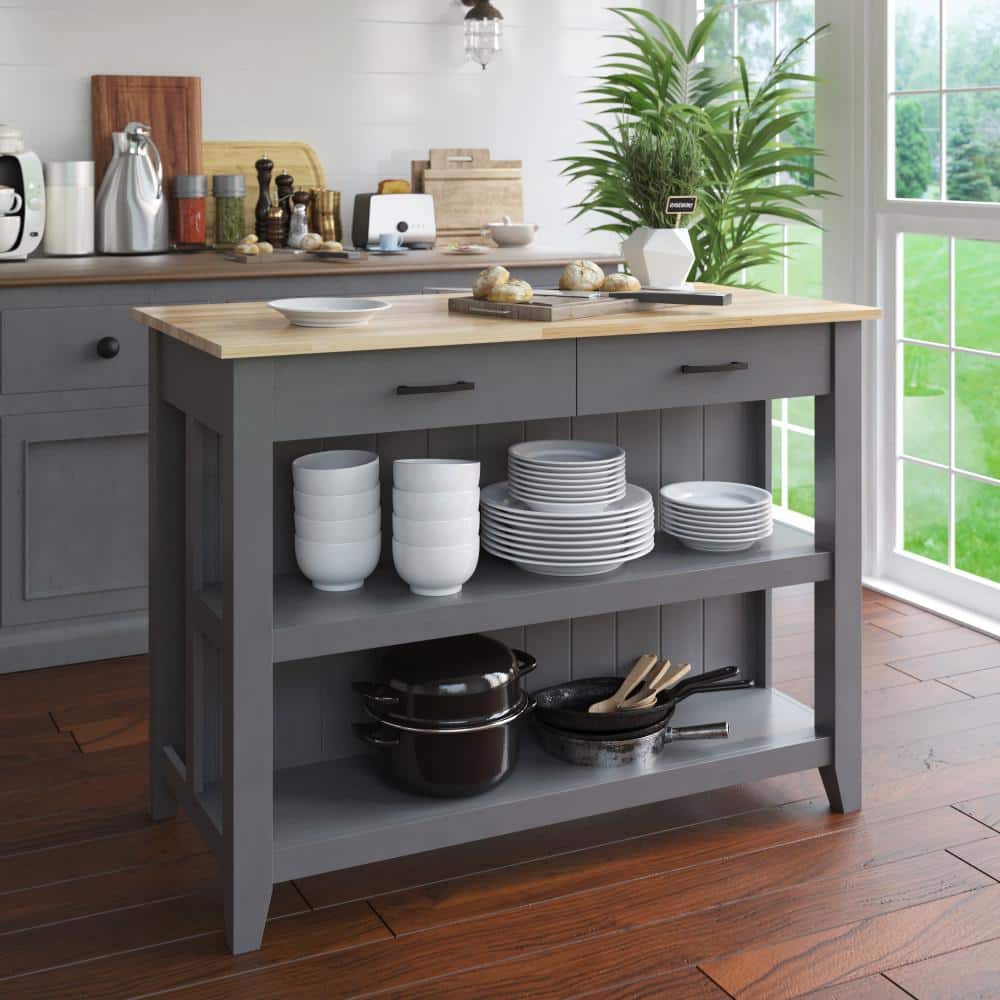 Antique Gray Modern Farmhouse Kitchen Island with Open Shelves