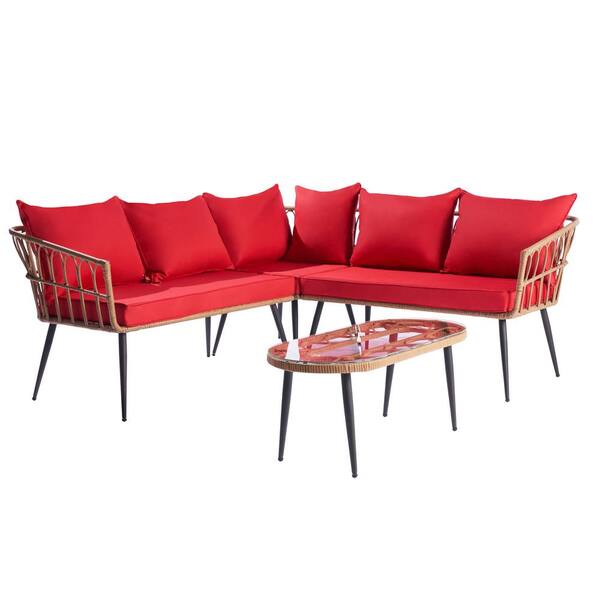 Tunearary 4-Piece Outdoor Rattan Wicker Sofa Set, 6-Seater Sofa with Red Cushions