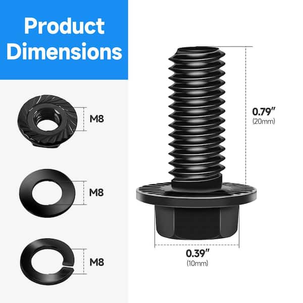 M8 x 20 mm Black Oxide Zinc Flanged Bolt (10-Pack), Class 10.9 Alloy Steel Bolt Set