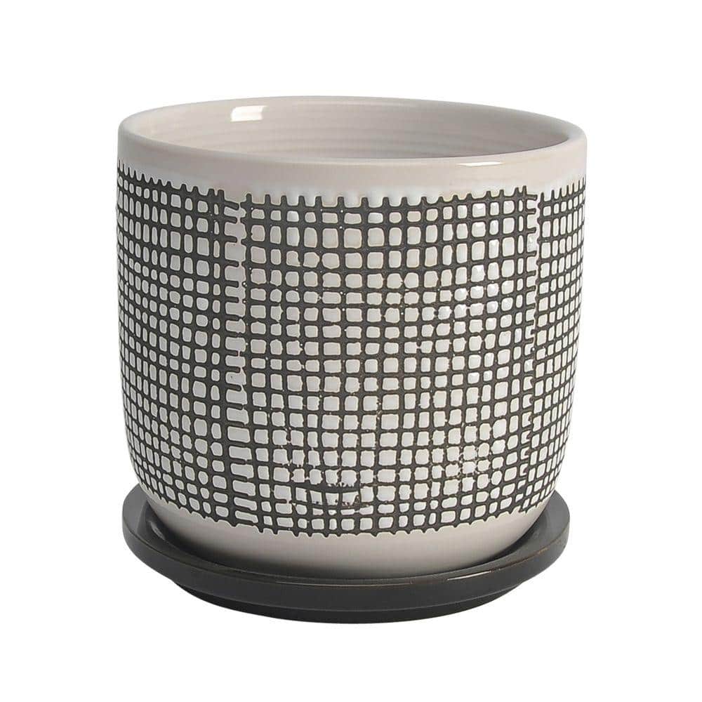 Classic Gray and White Ceramic Planter with Mesh Design, 6"