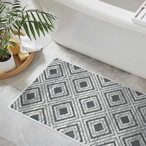 Gray II Color Geometric Daimond Design Cotton Non-Slip Washable Thin 3 Piece Bathroom Rugs Sets