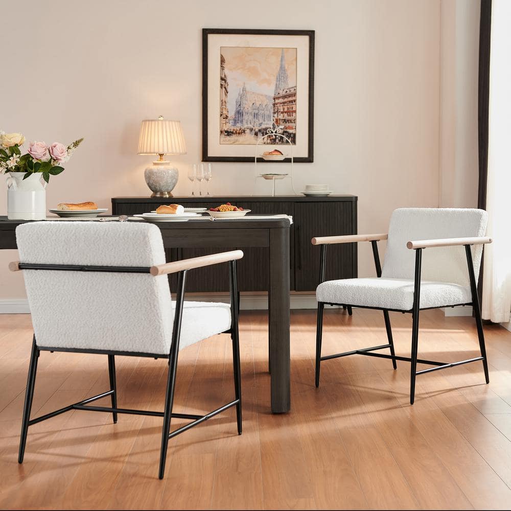 Modern Beige Upholstered Arm Chairs with Black Metal Frame, Set of 2