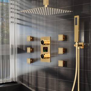 LCD Temp&Time Display 3-Spray 12 in. Ceiling Mount Shower System with Shower Head Handheld Set in Brushed Gold