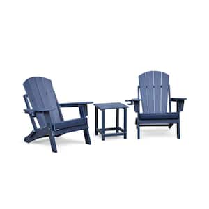 3 Pcs Outdoor Folding HDPE Adirondack Chair with A Table for Outside Deck Garden Backyardf Balcony, Navy Blue