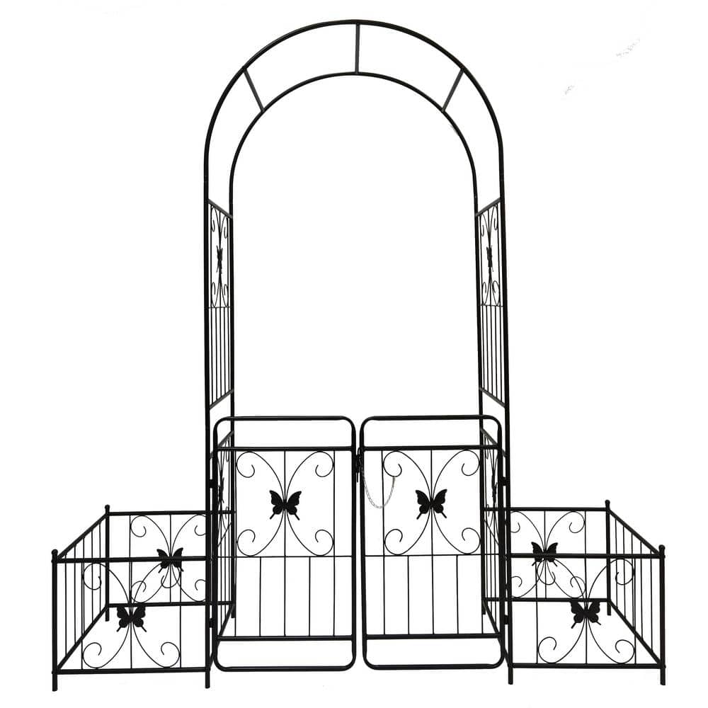 Black 87 in. Metal Garden Arch Garden Trellis with Gate and Plant Box, Clim