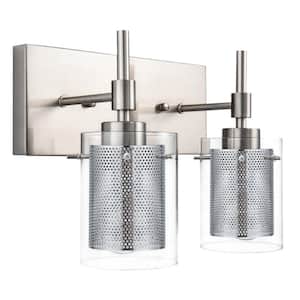 Lenox 11.4 in. 2-Light Vanity Light Fixture with Clear Glass and Metal Mesh Brushed Nickel Bathroom Wall Sconces