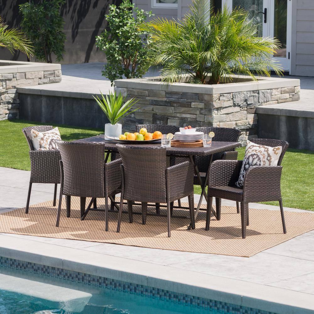 Noble House Johanna Multi-Brown 7-Piece Faux Rattan Outdoor Dining Set ...