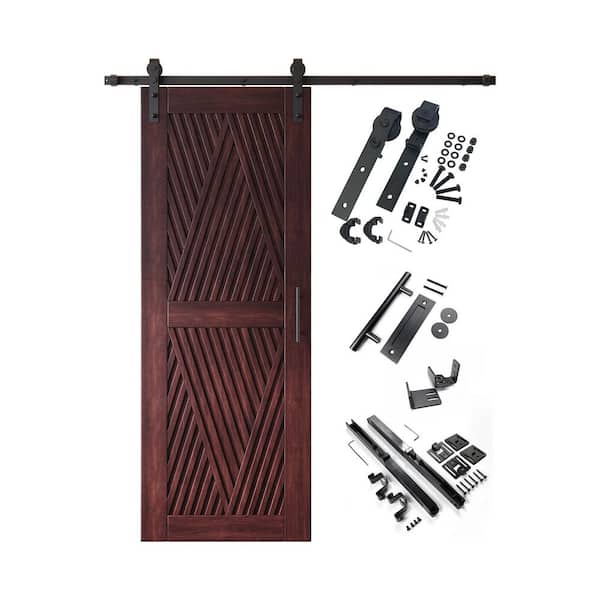 LT 30 in. x 80 in. C-Panel Red Mahogany Diamond Design Solid Pine Wood Sliding Barn Door with Hardware Kit