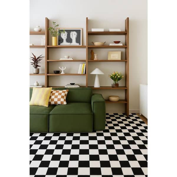Metro Checkered Noir 4' x 6' (3'11"x5'7") Non-Toxic, Child and Pet Safe-Indoor Area Rug for Kids, Black.