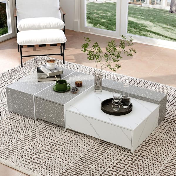 FUFU&GAGA 63 in. W Rectangle Gray Marble Finish Wood Coffee Table  