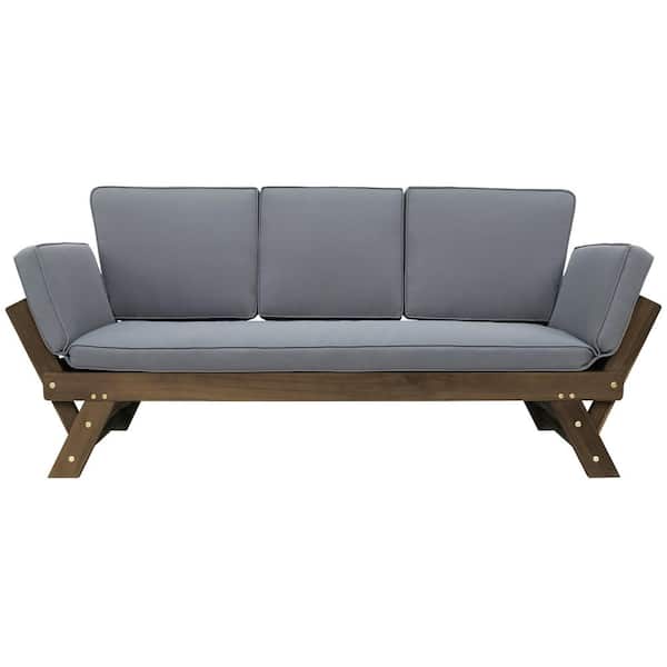 Brown Wood Outdoor Sofa Chaise Lounge with Gray Cushions