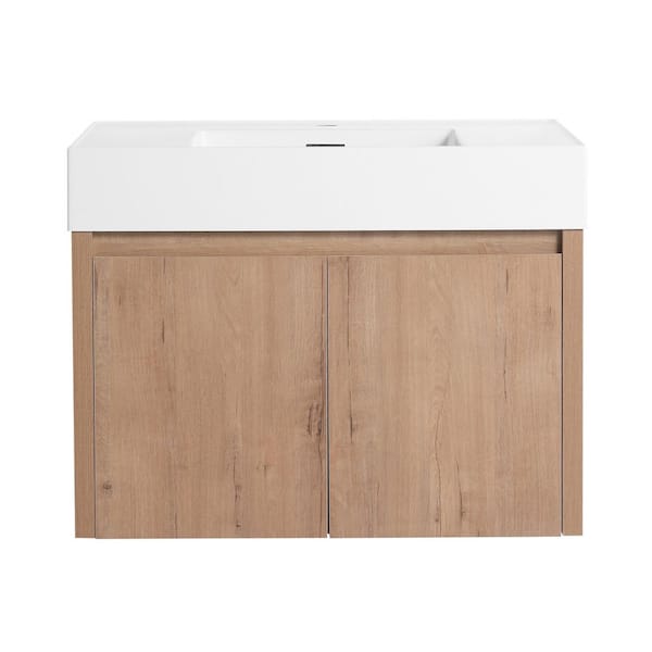 30 in. Wall-Mounted Single Oak Bath Vanity with White Resin Top Unassembled