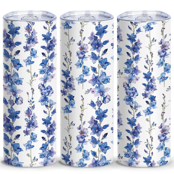 20 oz Insulated Skinny Larkspur Flower Stainless Steel Tumbler, Floral Travel Coffee Mug Gift