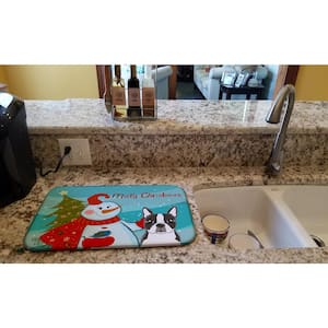 14 in. x 21 in. Multicolor Snowman with Boston Terrier Dish Drying Mat