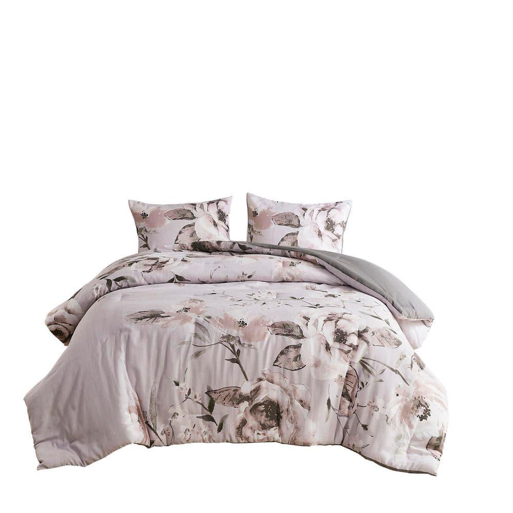 Gray Floral Microfiber Full Comforter Set with Shams