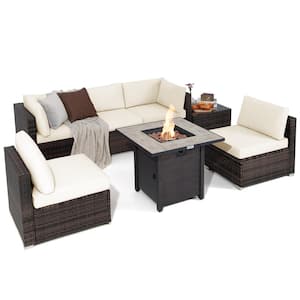 7-Piece Wicker Patio Conversation Set 30 in. Fire Pit Table Cover Rattan Sofa with Off White Cushions