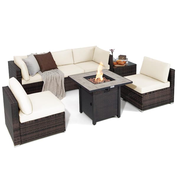 Costway 7-Piece Wicker Patio Conversation Set 30 in. Fire Pit Table Cover Rattan Sofa with Off White Cushions