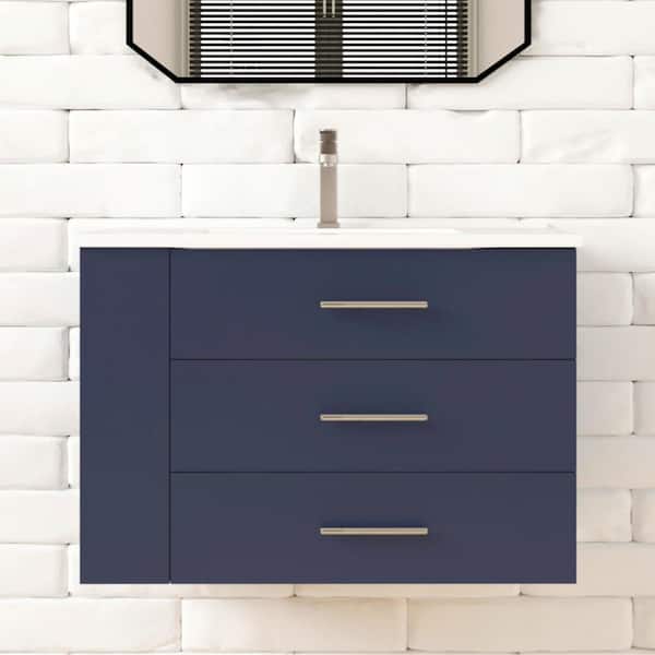 Rita 30.25 in. W Single Sink Wallmount Bath Vanity with White Ceramic Top Countertop in Marine Blue with Left Side Shelf