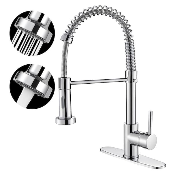 Heemli Spiral tube Single Handle Gooseneck Pull Out Sprayer Kitchen Faucet with Deckplate Included in Chrome
