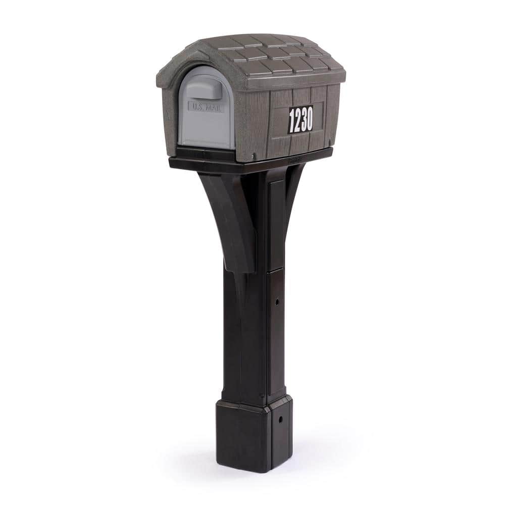 Classic Gray Stone and Black Plastic Mailbox with Post