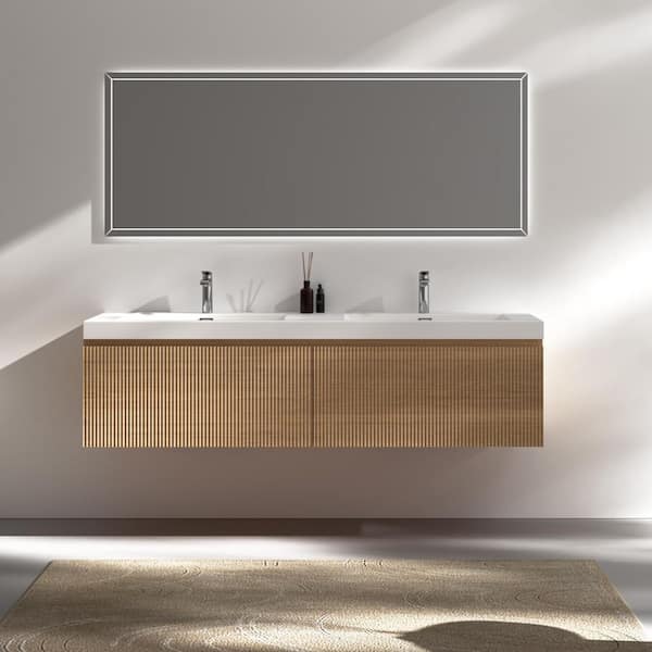 FAMYYT 60 in. W Double Sink Natural Oak Floating Bath Vanity with White Solid Surface Top