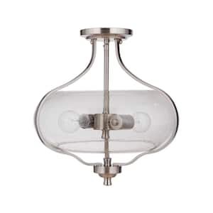 Serene 15.25 in. 2-Light Brushed Polished Nickel Convertible Semi-Flush Mount w/ Seeded Glass Shade & No Bulbs Included