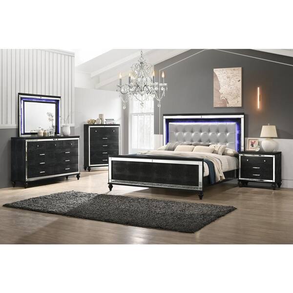 NEW CLASSIC HOME FURNISHINGS Valentino Black Solid Wood Frame King Platform Bed with Embossed Inlay (Box 3 of 3)