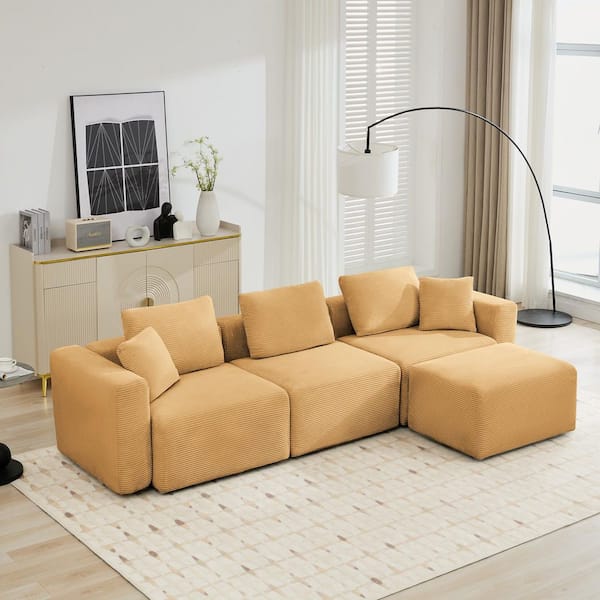 112.2 in. Width Corduroy Fabric Modular Sectional Sofa Couch with Ottoman for Living Room in Yellow
