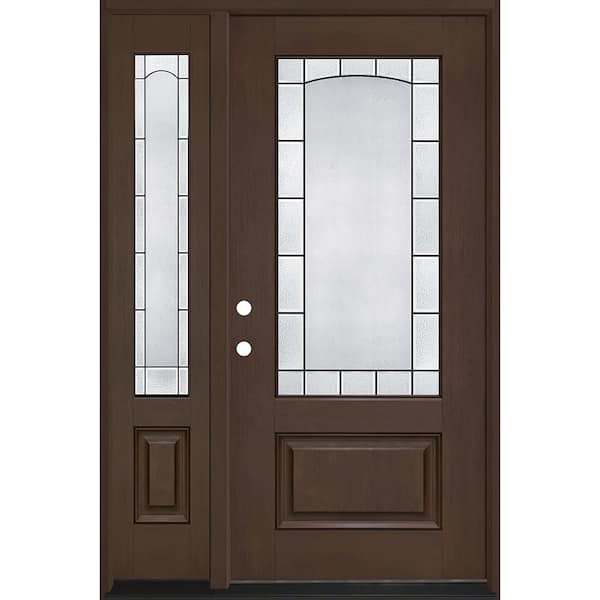 Regency 53 in. x 80 in. 3/4L Empire Decorative Glass RHIS Hickory Mahogany Fiberglass Prehung Front Door w/14in-SL6-9/16