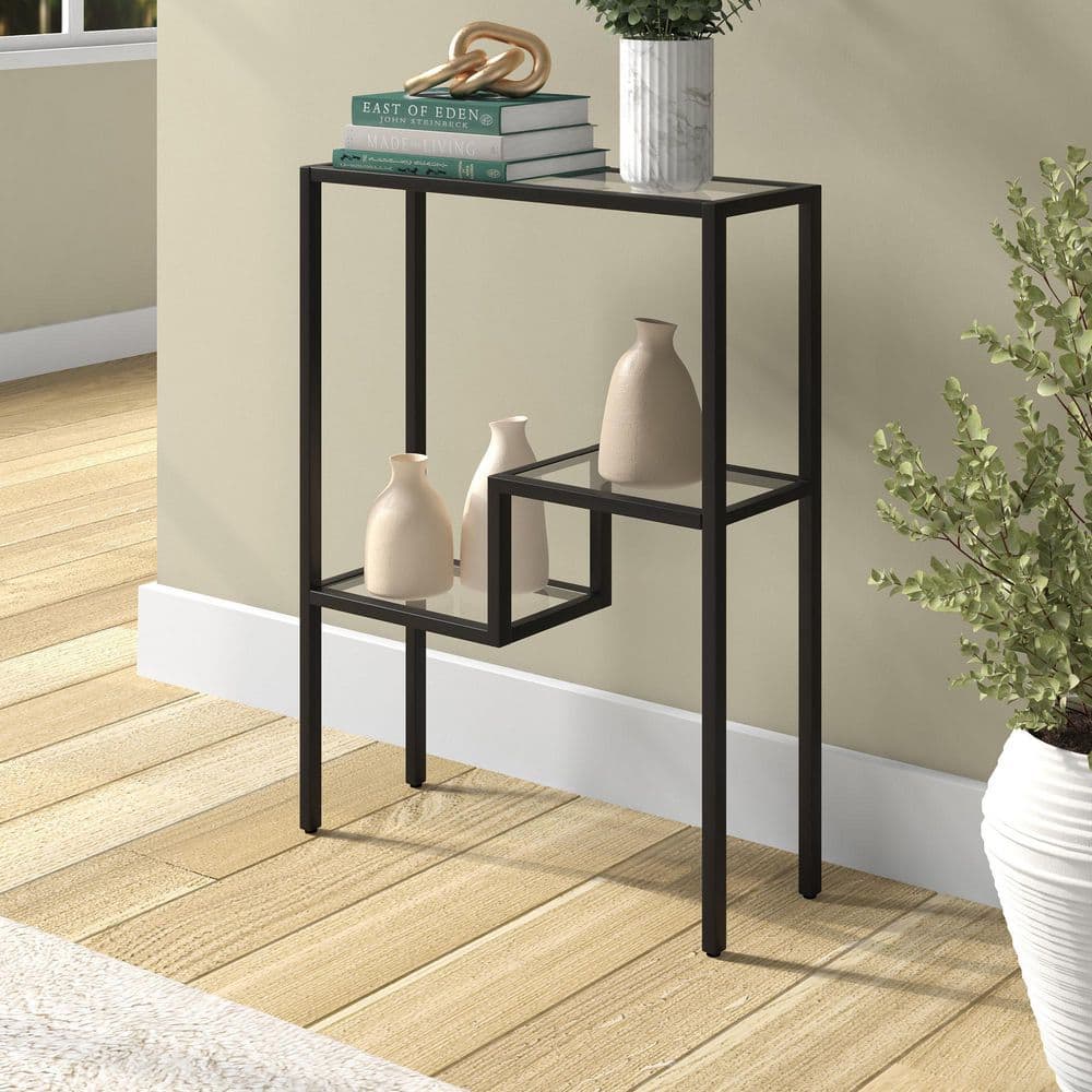 Modern Handcrafted Blackened Bronze Console Table with Tempered Glass Shelves