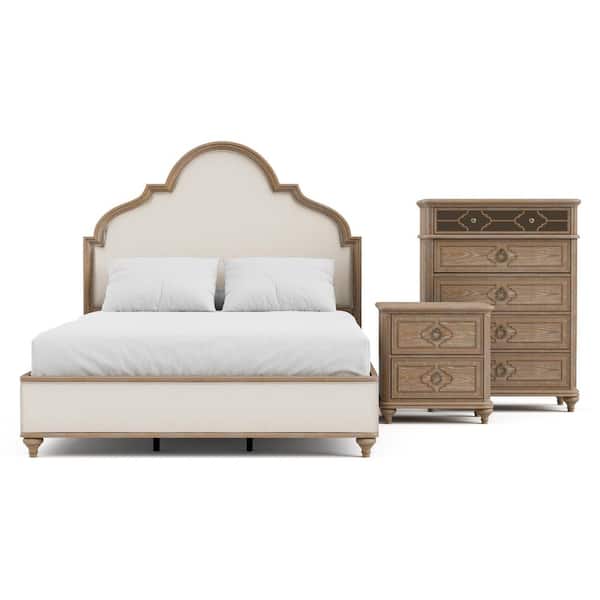 Brightwell 3-Piece Rustic Oak Wood Queen Panel Bedroom Set with Nightstand and Chest