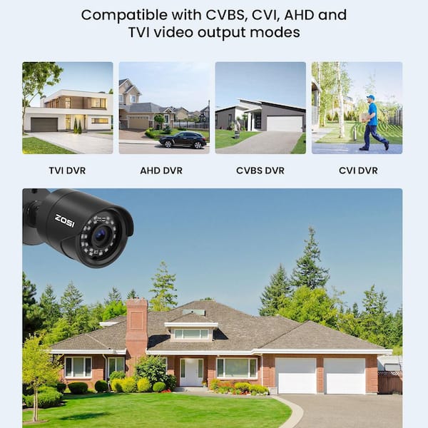 Hardwired 1080p Bullet Outdoor Home Security Camera 4-in-1 Compatible for TVI/CVI/AHD/CVBS DVR, Black