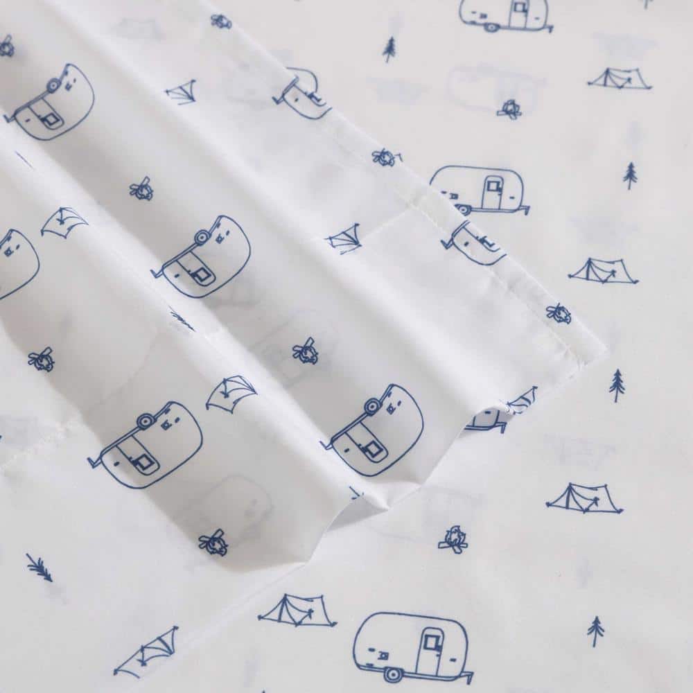 Queen Size White and Blue Polyester Microfiber Bedding Set