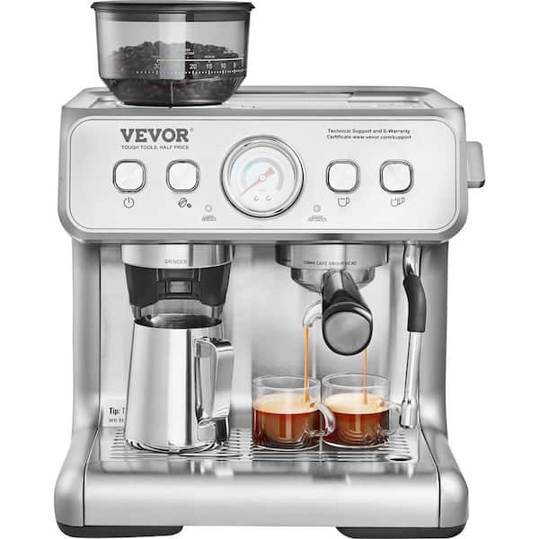 Espresso Machine with Grinder 2 Cups 15 Bar Semi-Automatic Espresso Machine Coffee Maker with Milk Frother Wand Silver