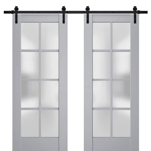 Sartodoors 30 in. x 80 in. 2 Panel Frosted Glass Matte Grey Solid Wood Sliding Barn Door with Hardware Kit