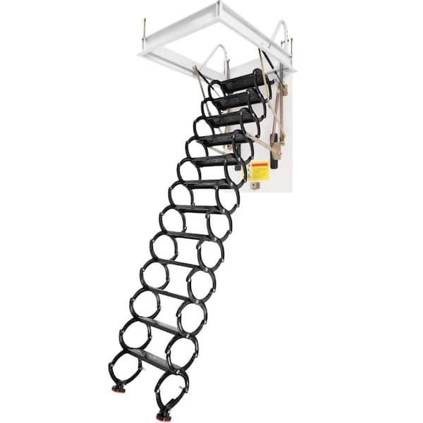 12-Step Cold-Rolled Steel Attic Ladder with Handrail and Pull-Down System for Attics, Garages, Roofs, 660 lbs. Capacity