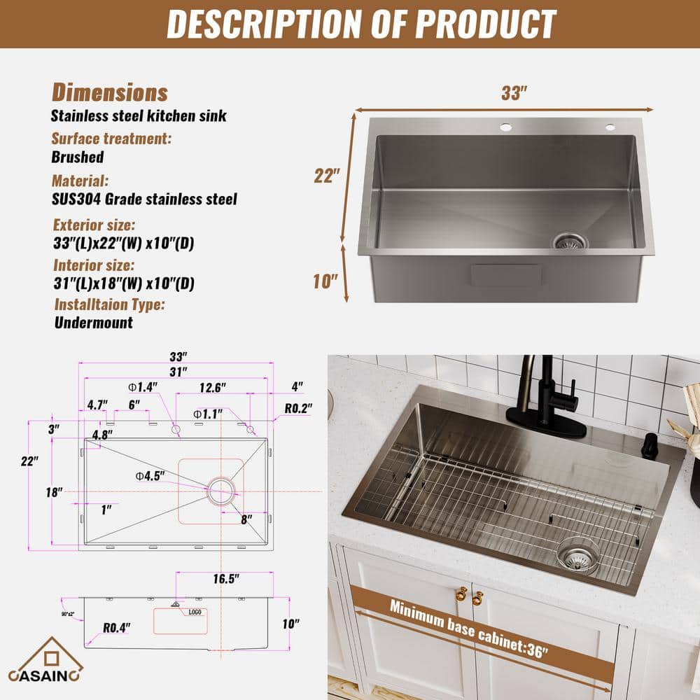 33" Brushed Stainless Steel Farmhouse Kitchen Sink with Grid