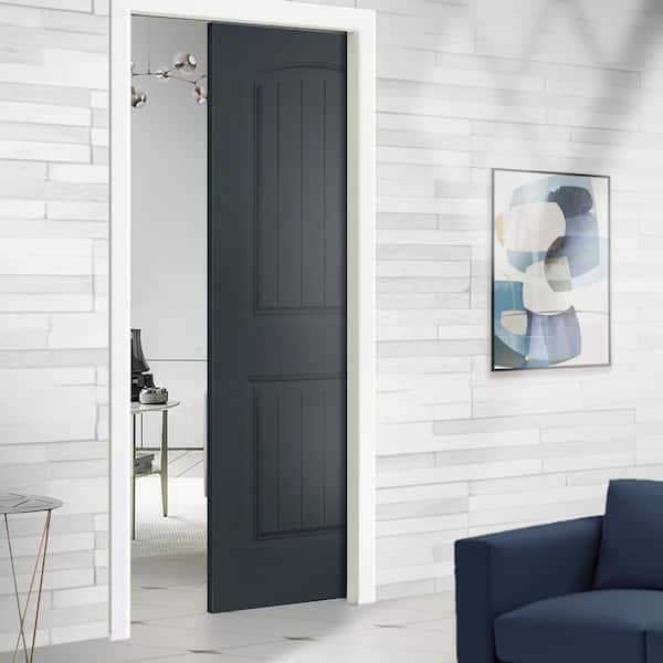 30 in. x 80 in Charcoal Gray Composite MDF 2-Panel Camber Top Sliding Door with Pocket Door Frame and Hardware Kit