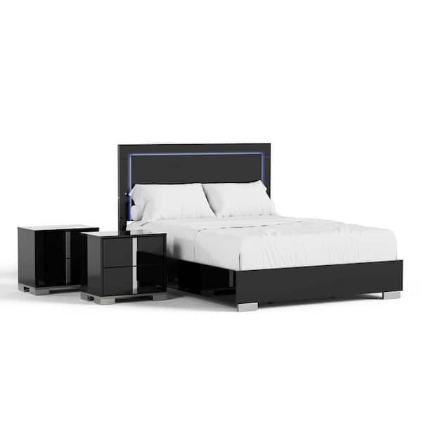 Mesala 3-Piece Piano Black Wood Frame Queen Panel Bedroom Set with LED Light on Headboard, Chrome Accents and Legs